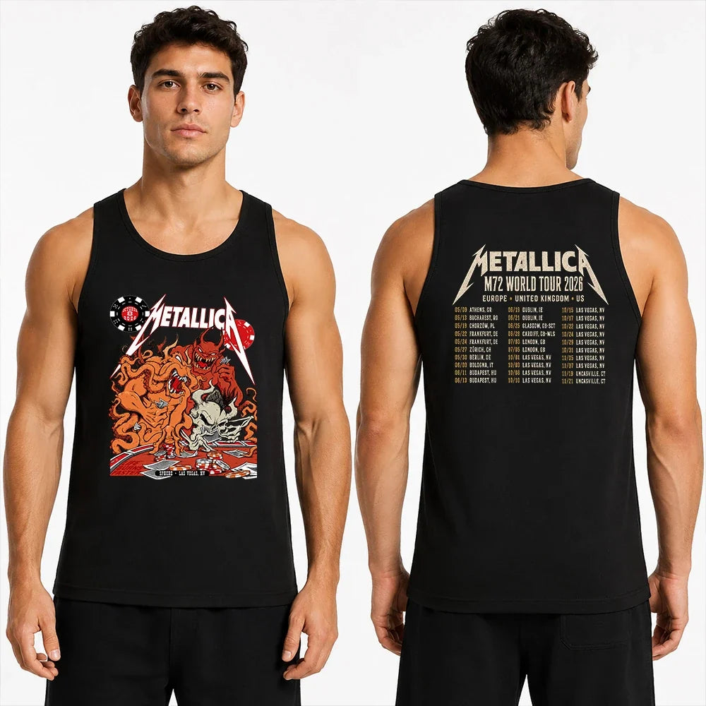 Metallica Life Burns Faster October 8 2026 Sphere Las Vegas United States 2 Side T-Shirt featuring casino demons, orange tentacles, poker chips, playing cards and skull artwork with a Metallica tour-inspired back print.